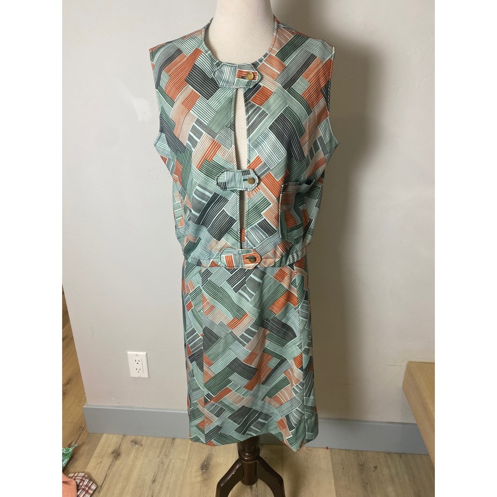 Vintage 60s Geometric Print Sleeveless Mod Dress Green Orange Tab Front XL
